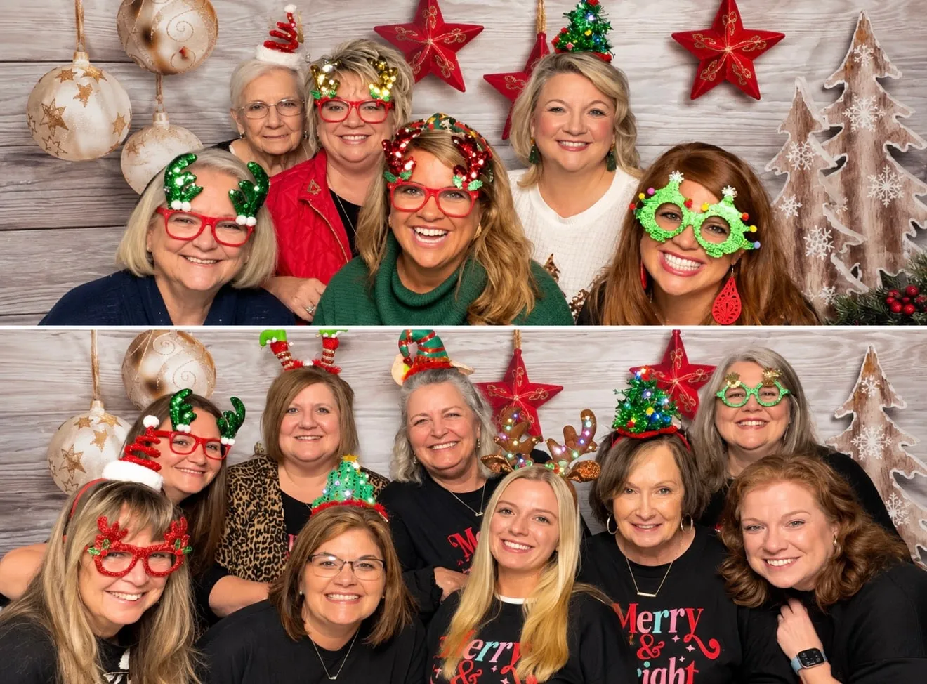 Two frames from a Christmas party, a group of women in festive glasses and antlers in front of a wooden wall hung with stars and baubles
