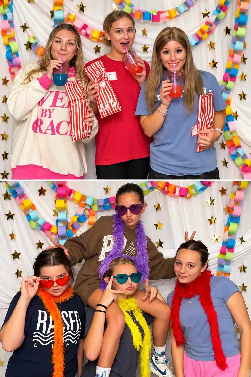 Two frames from a party, friends posing with popcorn boxes and drinks, then with feather boas and novelty glasses, against a paper garland wall