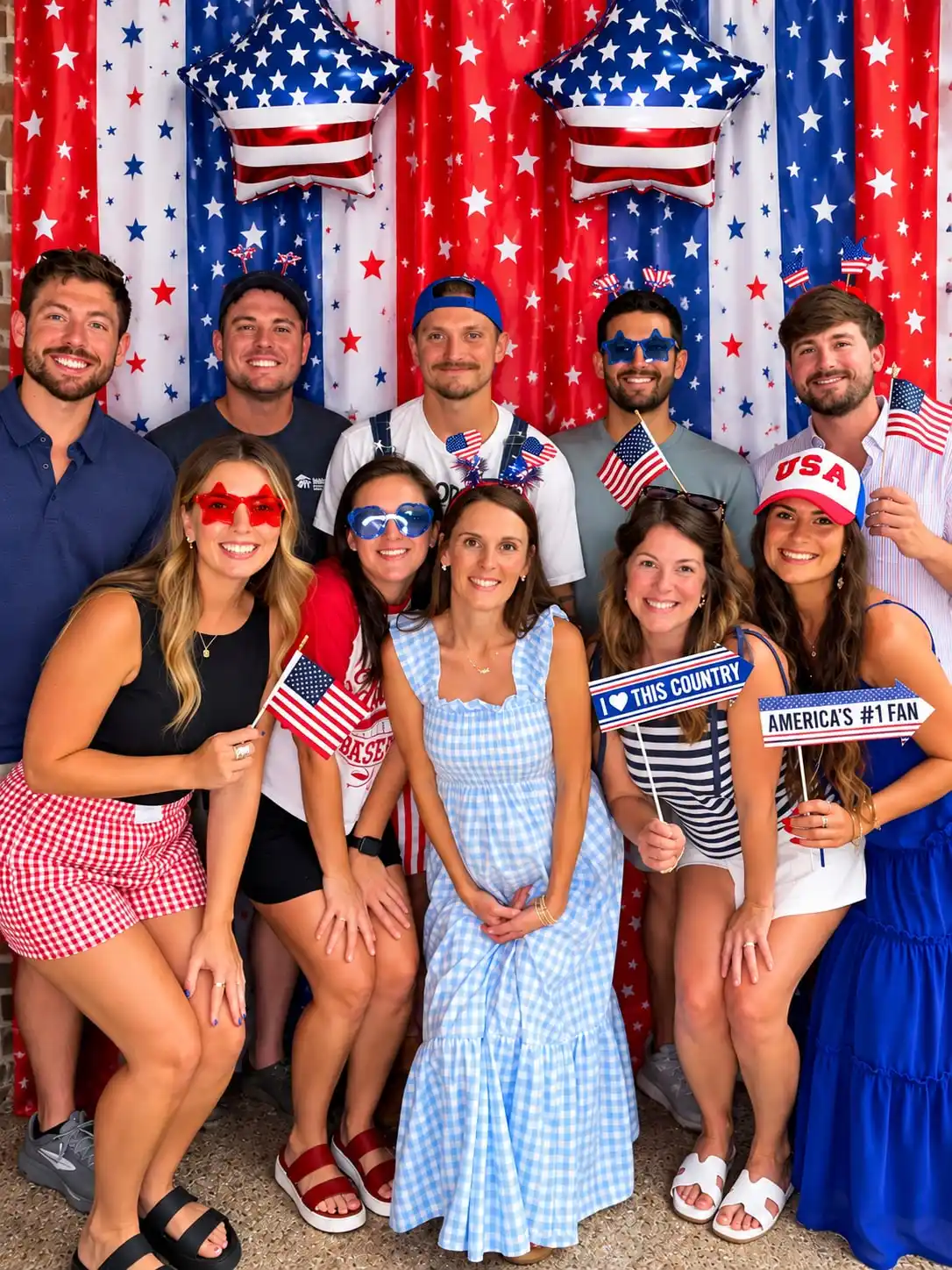 A group of friends at a Fourth of July party with flags and novelty sunglasses, standing in front of a stars and stripes wall