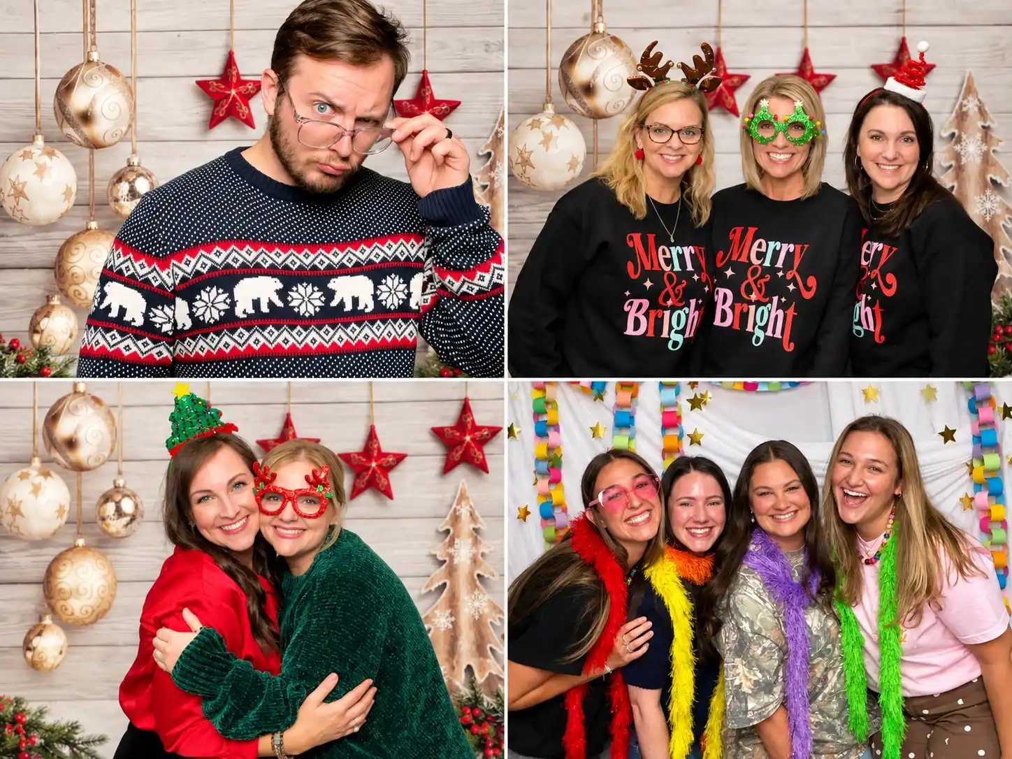Four frames from a Christmas party, friends in festive jumpers and reindeer antlers among hanging baubles and stars