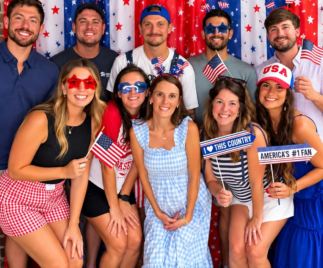 A group of friends at a Fourth of July party crowded into the booth with flags, novelty sunglasses and hand held signs, in front of a stars and stripes backdrop